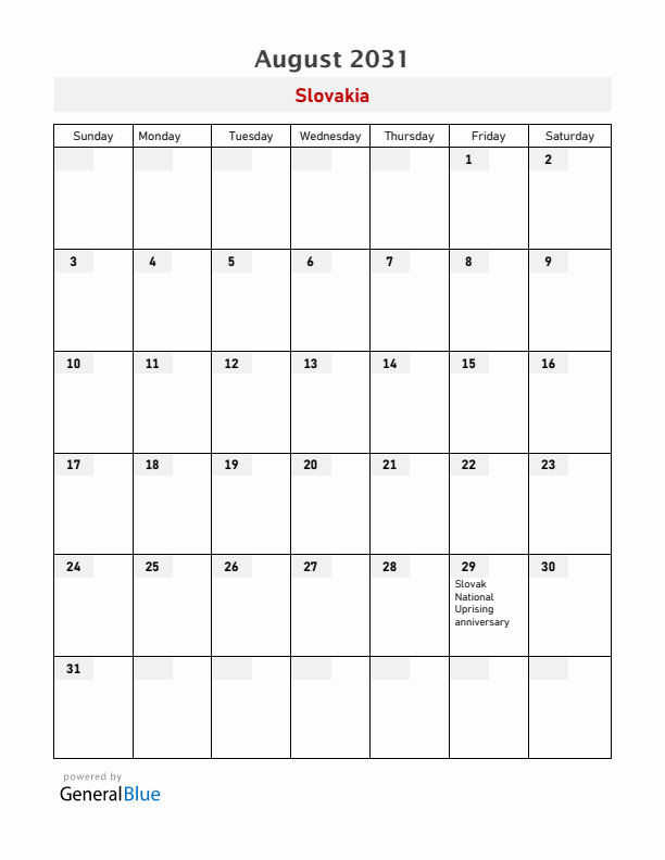 Slovakia August 2031 Calendar with Holidays
