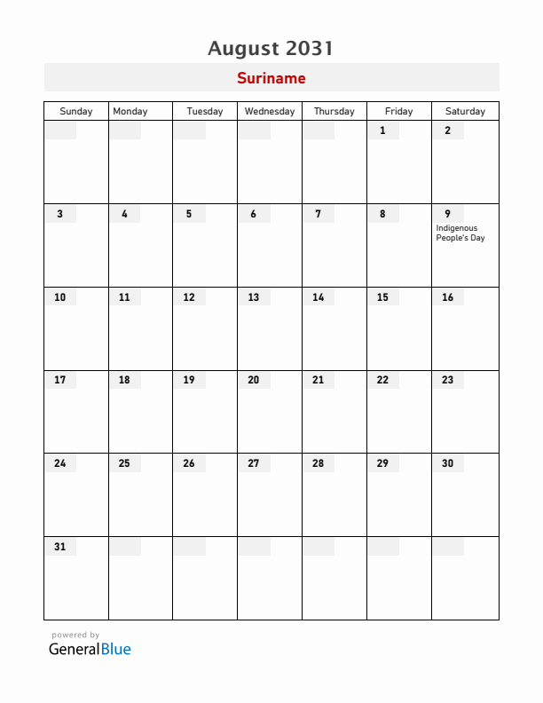 Suriname August 2031 Calendar with Holidays