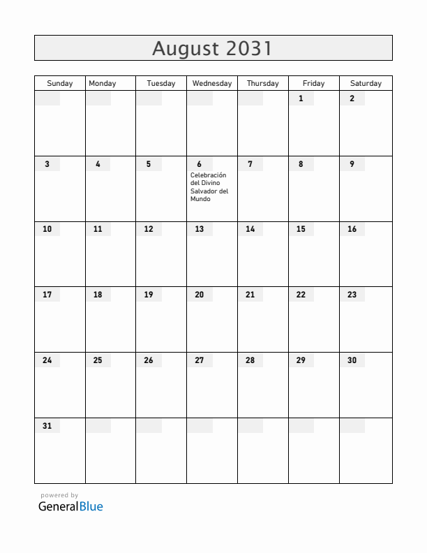 El Salvador August 2031 Calendar with Holidays