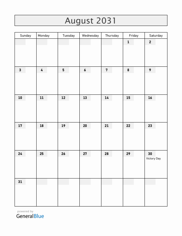 Turkey August 2031 Calendar with Holidays