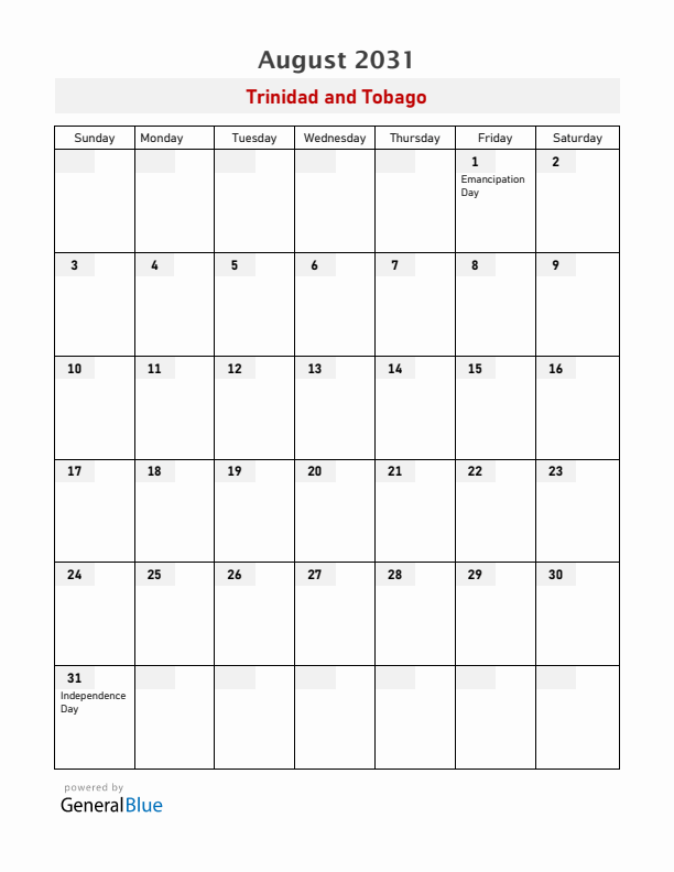 Trinidad and Tobago August 2031 Calendar with Holidays