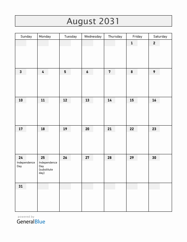 Ukraine August 2031 Calendar with Holidays