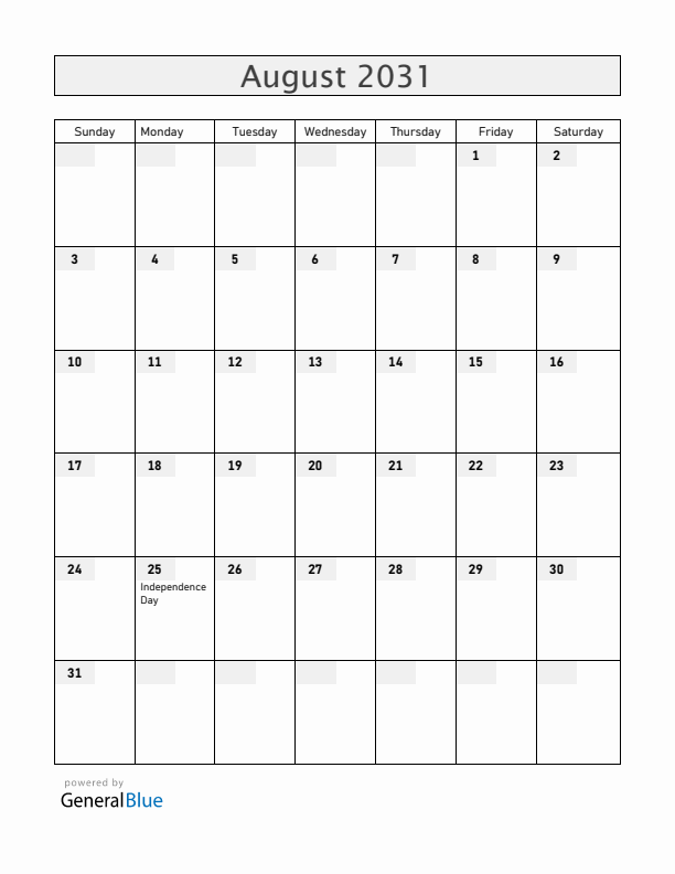 Uruguay August 2031 Calendar with Holidays