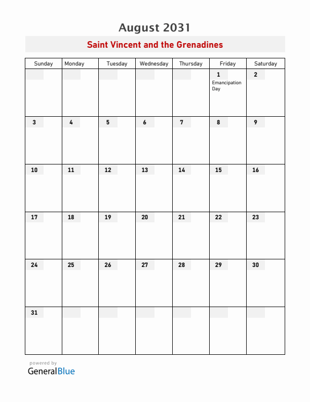 Saint Vincent and the Grenadines August 2031 Calendar with Holidays