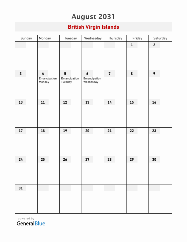 British Virgin Islands August 2031 Calendar with Holidays
