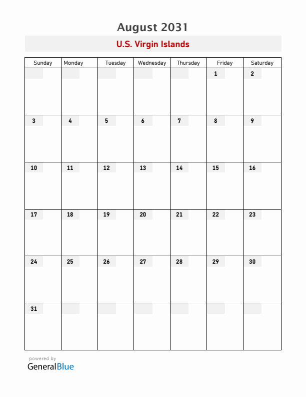 U.S. Virgin Islands August 2031 Calendar with Holidays