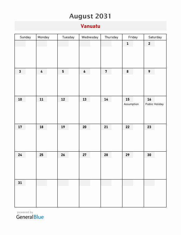 Vanuatu August 2031 Calendar with Holidays