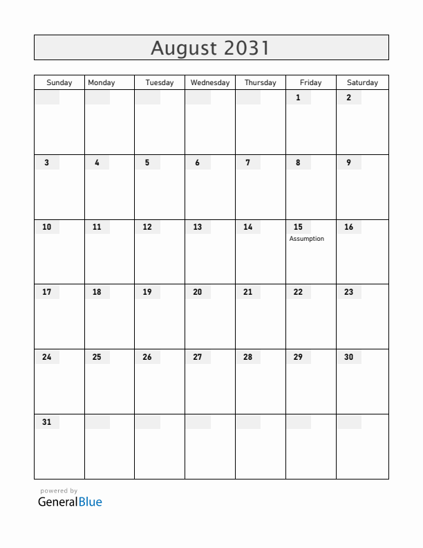 Mayotte August 2031 Calendar with Holidays