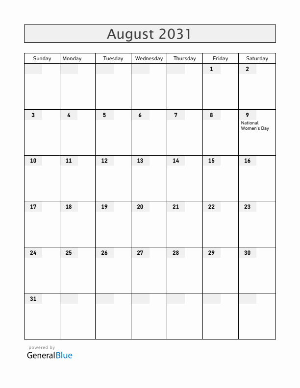 South Africa August 2031 Calendar with Holidays