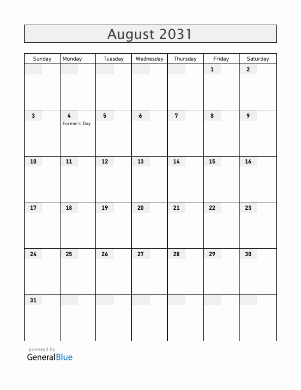 Zambia August 2031 Calendar with Holidays