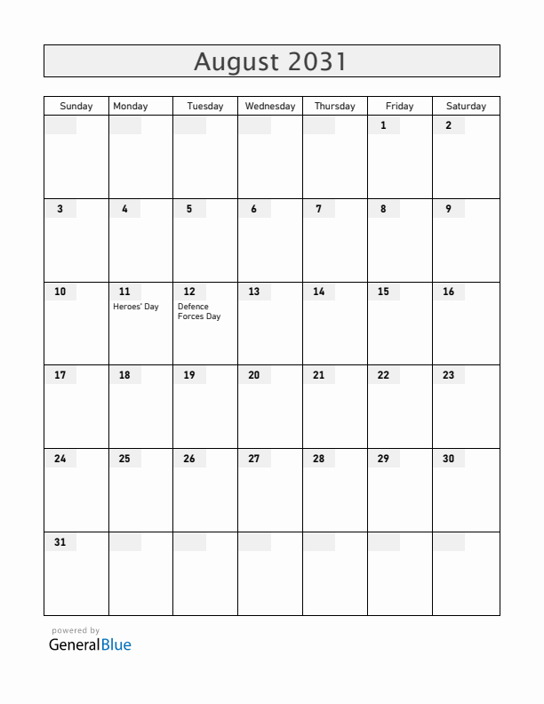 Zimbabwe August 2031 Calendar with Holidays