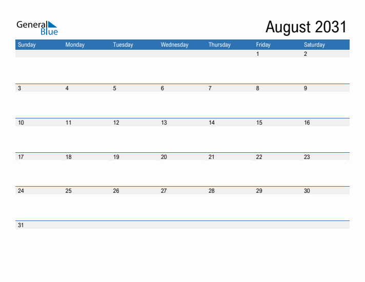 Fillable Calendar for August 2031