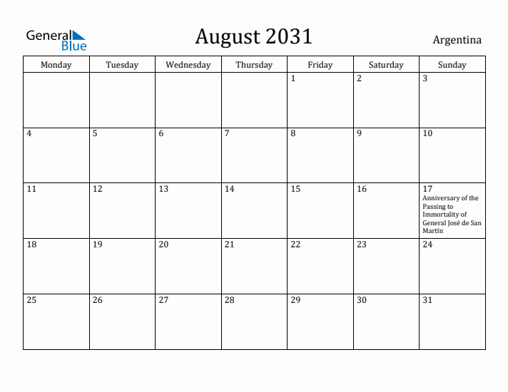 August 2031 Calendar Argentina