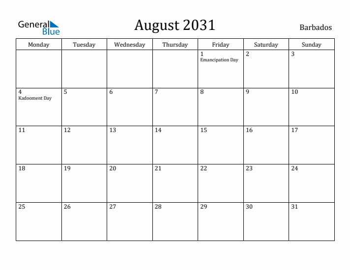 August 2031 Calendar Barbados
