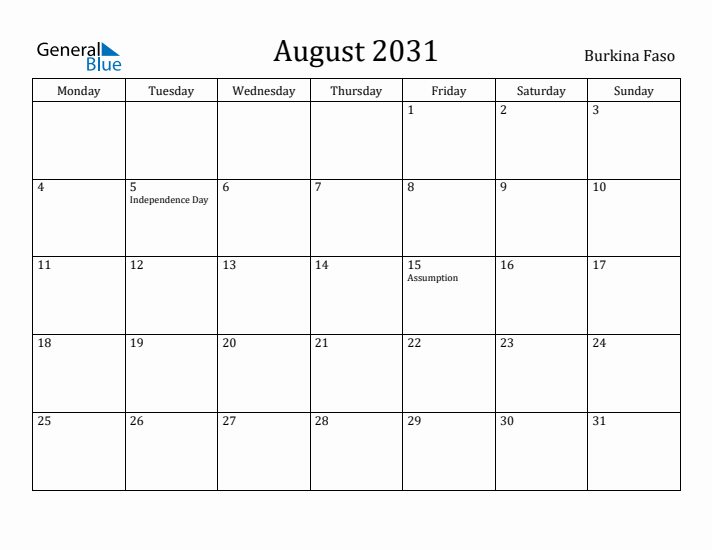 August 2031 Calendar Burkina Faso