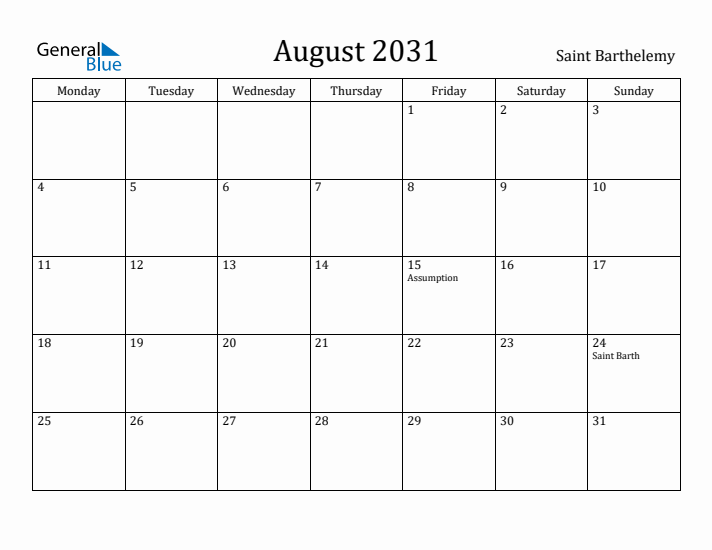 August 2031 Calendar Saint Barthelemy