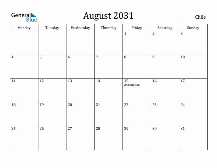 August 2031 Calendar Chile