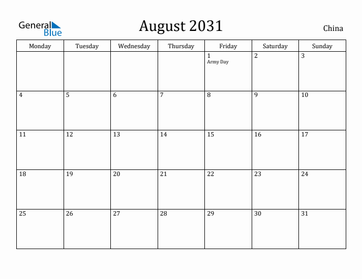 August 2031 Calendar China
