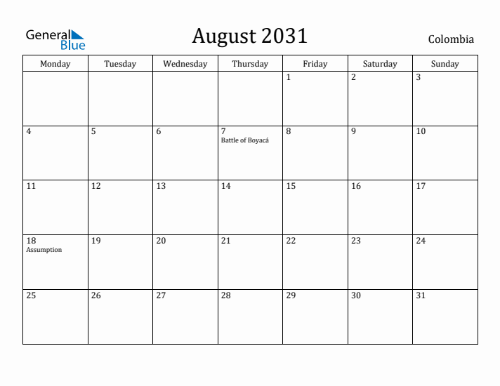 August 2031 Calendar Colombia