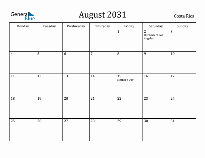 August 2031 Calendar Costa Rica