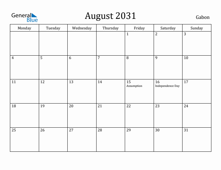 August 2031 Calendar Gabon