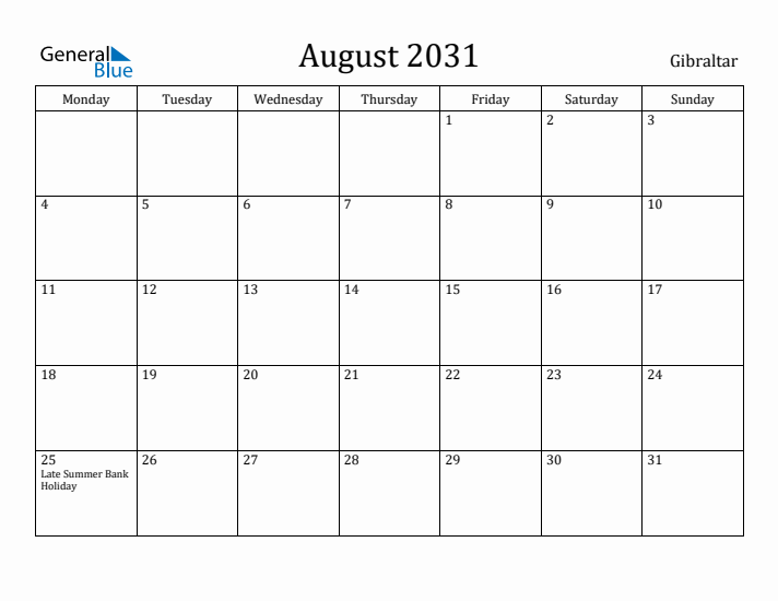 August 2031 Calendar Gibraltar