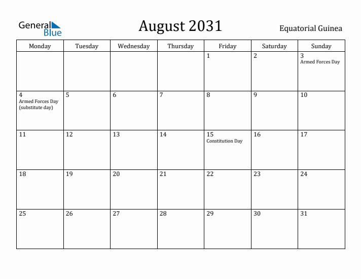 August 2031 Calendar Equatorial Guinea