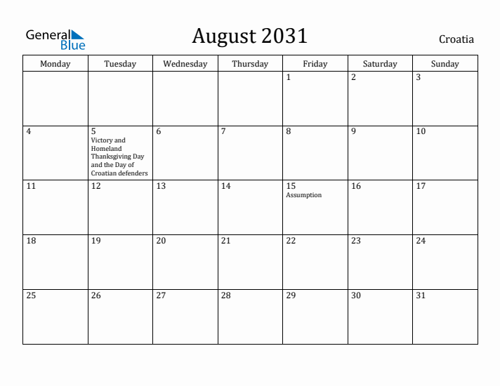 August 2031 Calendar Croatia