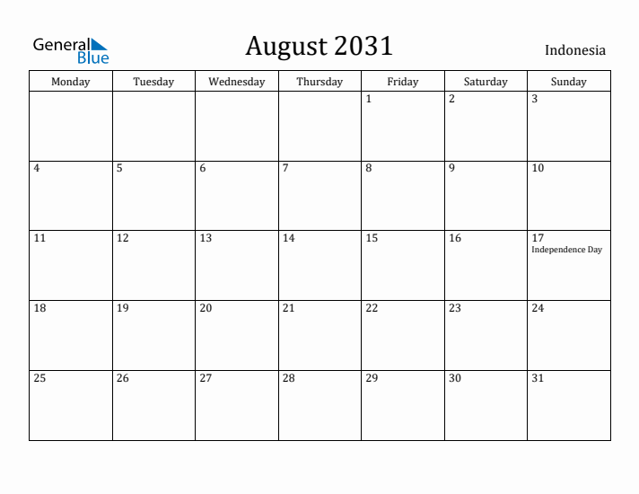 August 2031 Calendar Indonesia