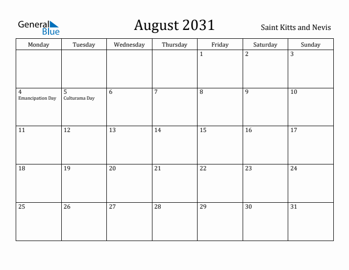 August 2031 Calendar Saint Kitts and Nevis