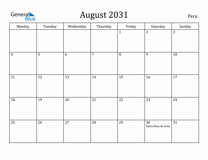 August 2031 Calendar Peru