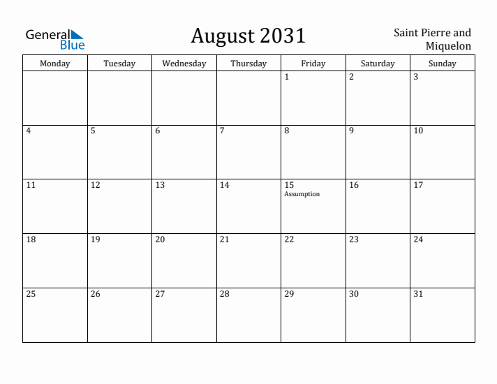 August 2031 Calendar Saint Pierre and Miquelon