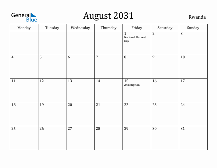 August 2031 Calendar Rwanda