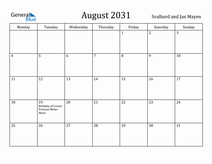 August 2031 Calendar Svalbard and Jan Mayen