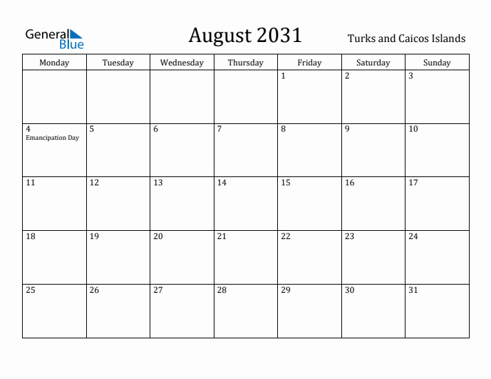 August 2031 Calendar Turks and Caicos Islands