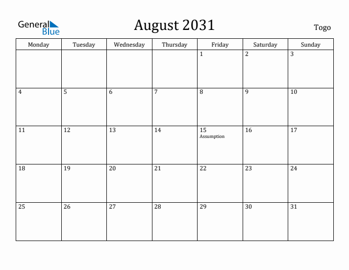 August 2031 Calendar Togo