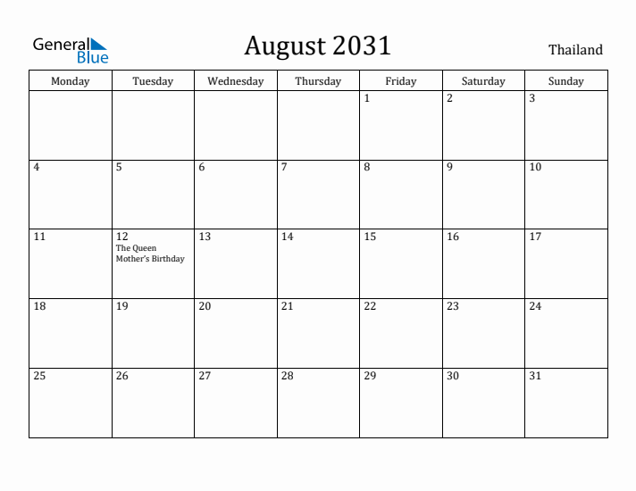 August 2031 Calendar Thailand