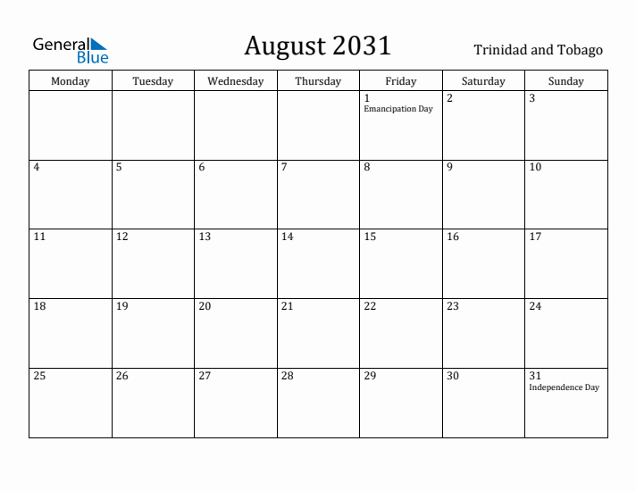August 2031 Calendar Trinidad and Tobago