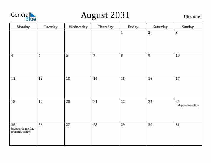 August 2031 Calendar Ukraine