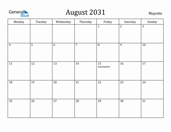 August 2031 Calendar Mayotte