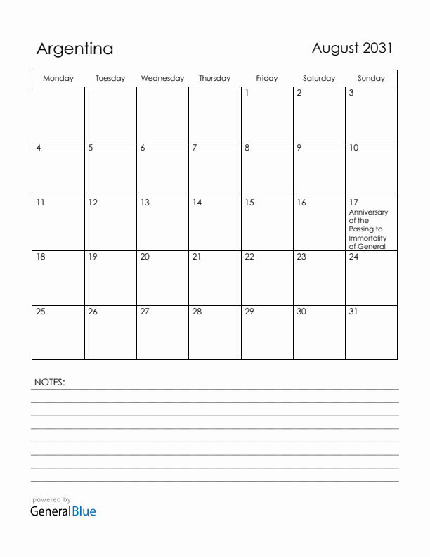 August 2031 Argentina Calendar with Holidays (Monday Start)