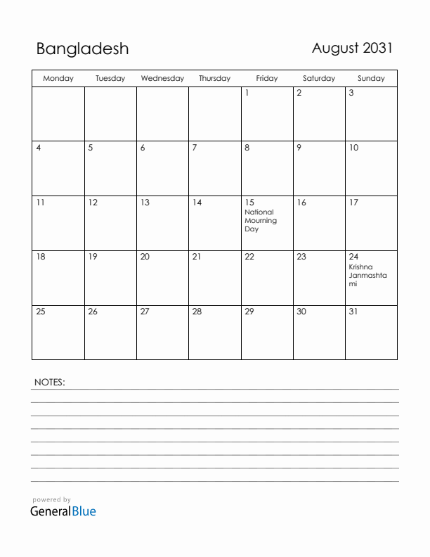 August 2031 Bangladesh Calendar with Holidays (Monday Start)
