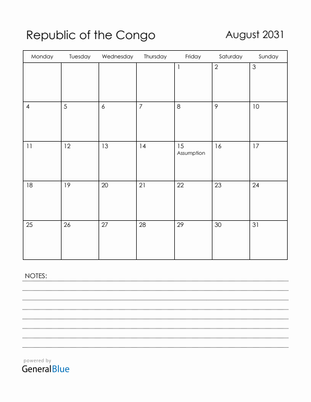 August 2031 Republic of the Congo Calendar with Holidays (Monday Start)