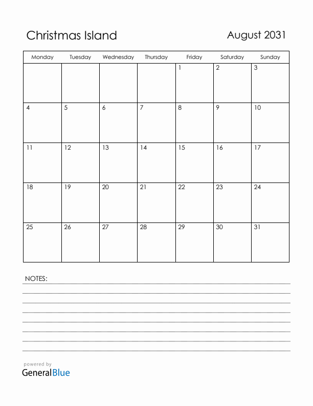 August 2031 Christmas Island Calendar with Holidays (Monday Start)