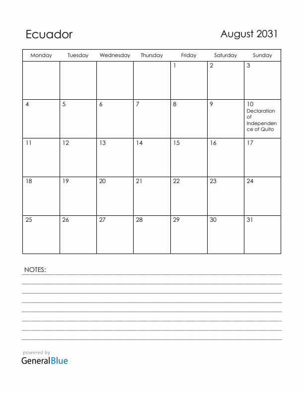 August 2031 Ecuador Calendar with Holidays (Monday Start)