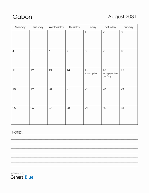 August 2031 Gabon Calendar with Holidays (Monday Start)