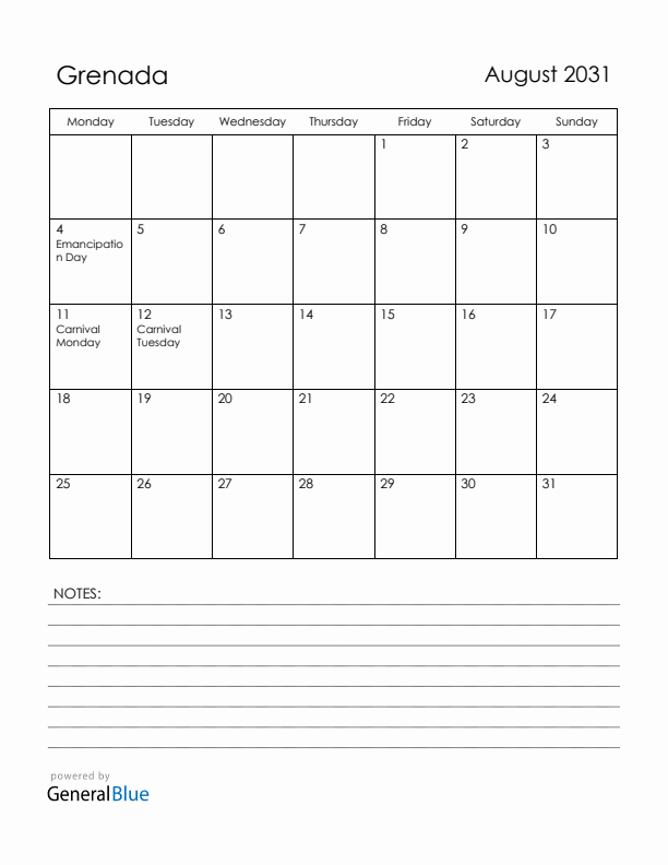 August 2031 Grenada Calendar with Holidays (Monday Start)