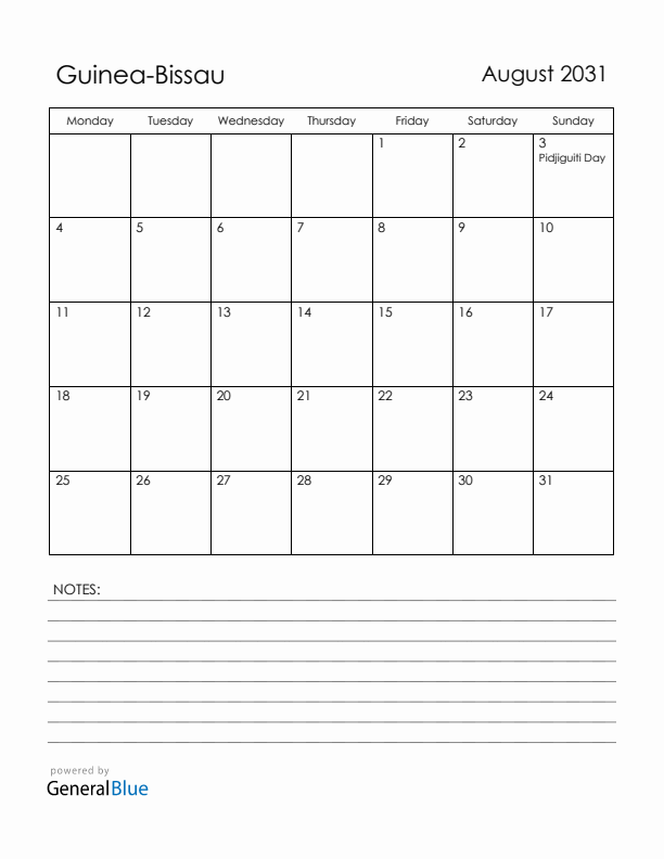 August 2031 Guinea-Bissau Calendar with Holidays (Monday Start)