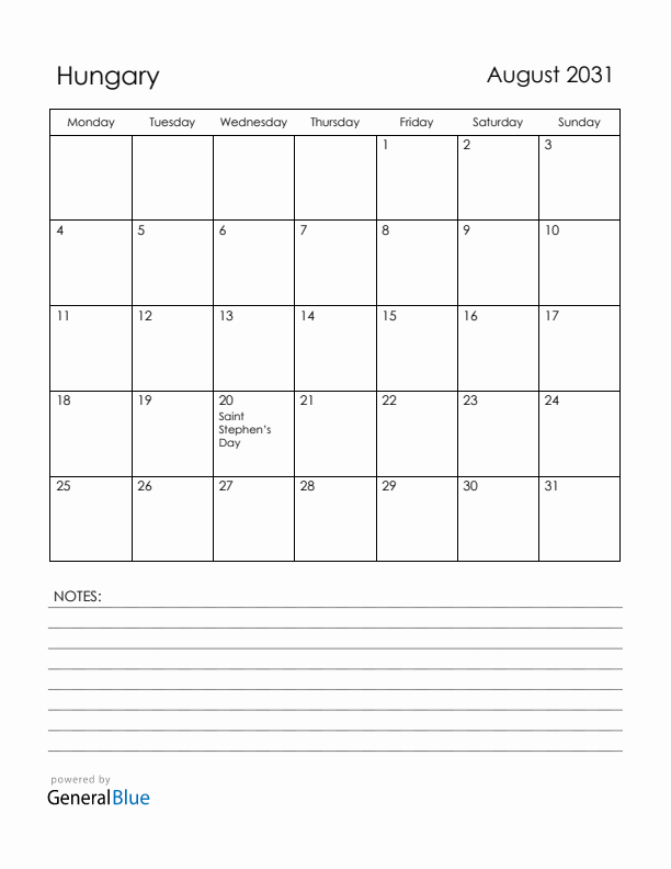August 2031 Hungary Calendar with Holidays (Monday Start)