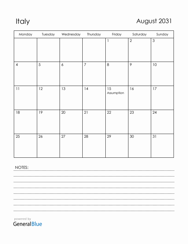 August 2031 Italy Calendar with Holidays (Monday Start)
